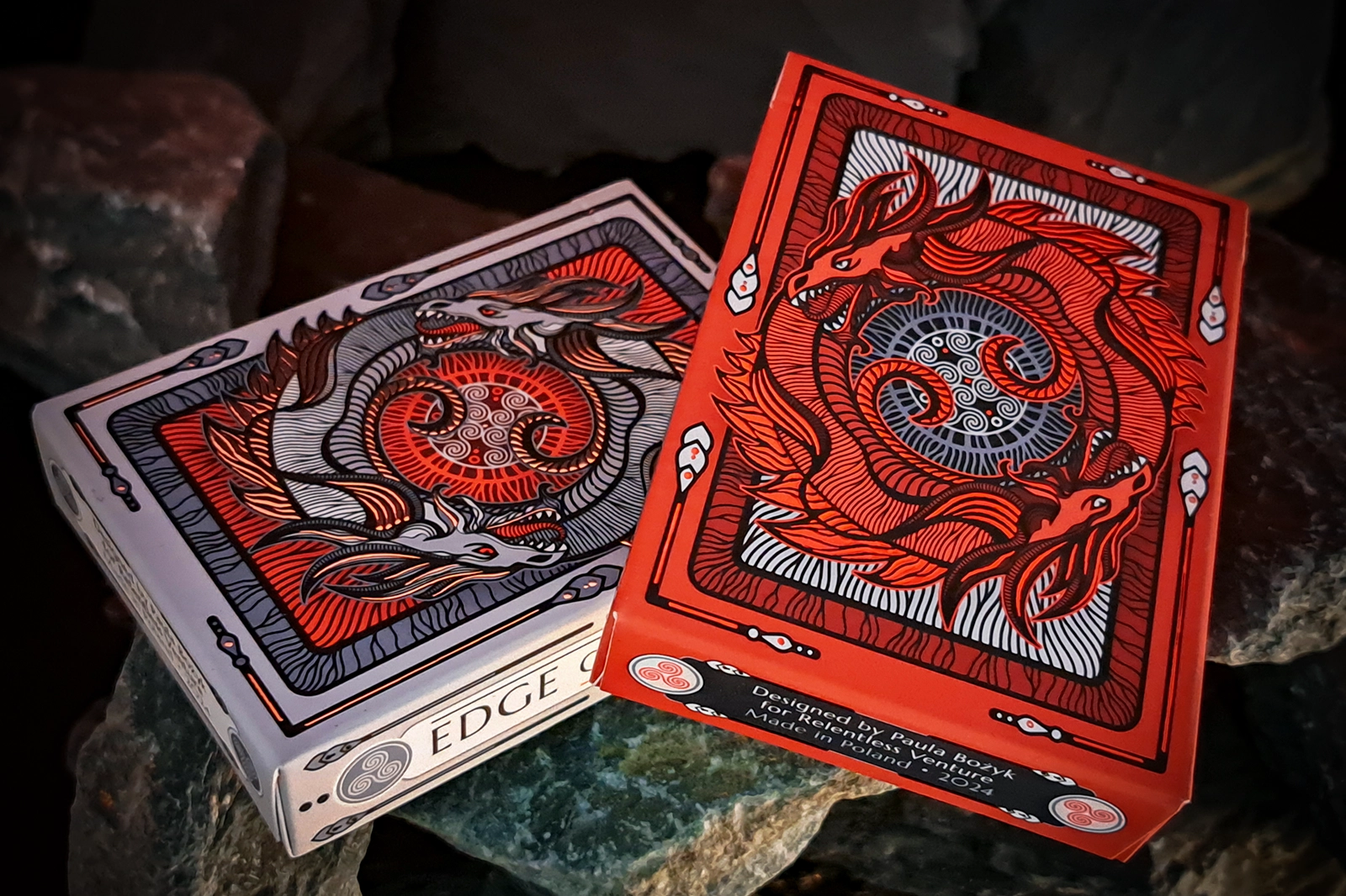 Edge of Chaos: two decks of cards teetering on the brink of two opposing powers.